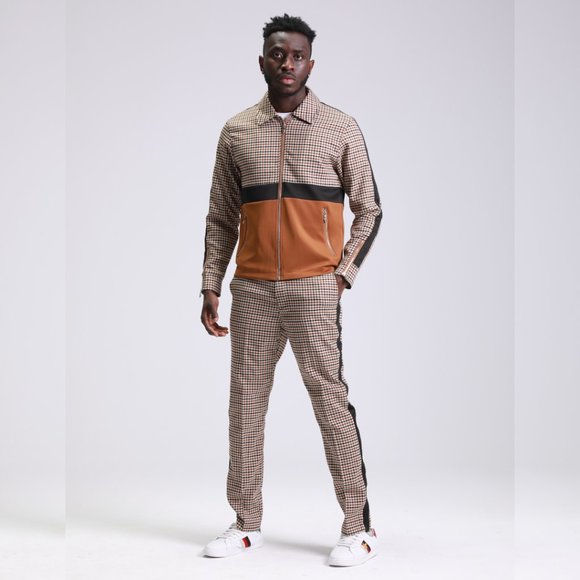 Closeout! Mens Houndstooth Tracksuit 2pc, Brown - Picture 5 of 7